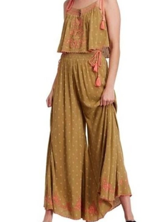 Free People Pants - Free People Hearts Rising Embroidered Top & Pants In Moss Size M NWT